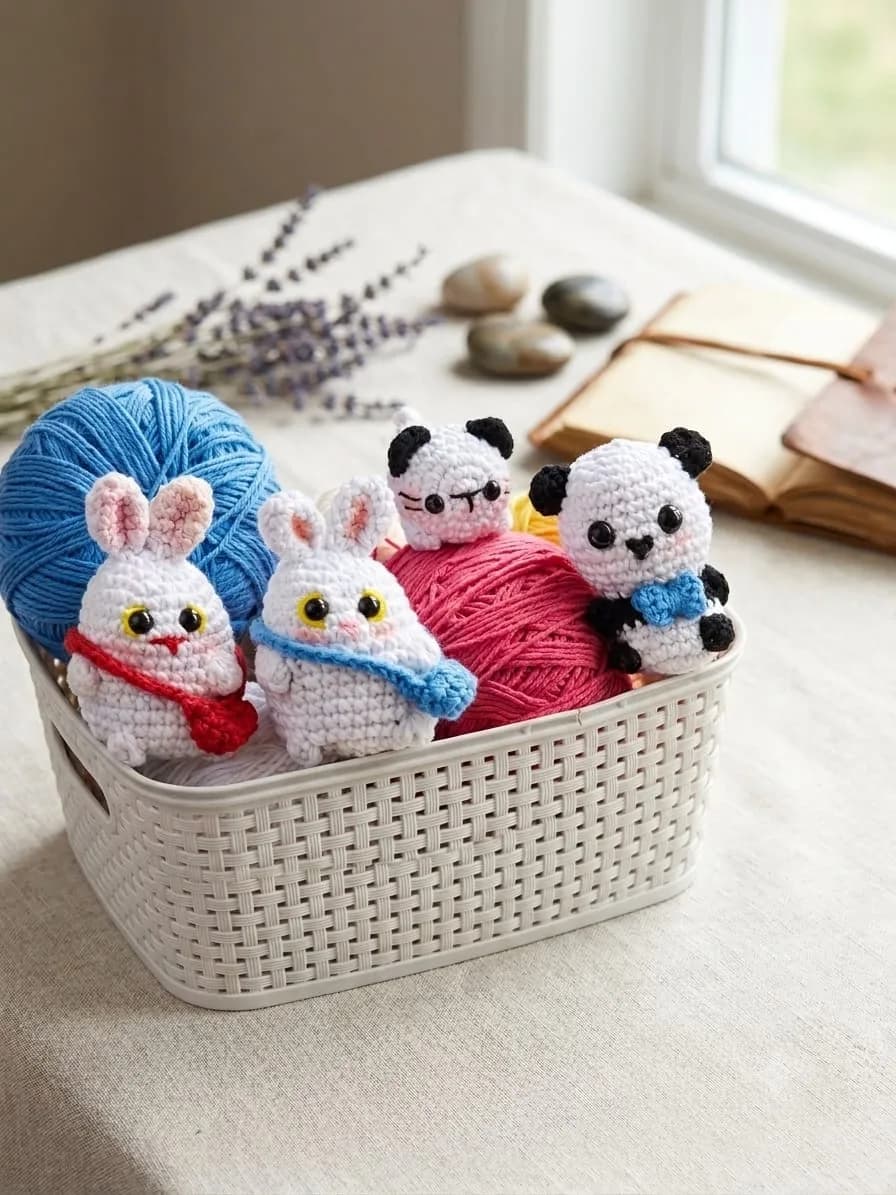 Cesta com coelhinhos e pandinhas de crochê e novelos coloridos