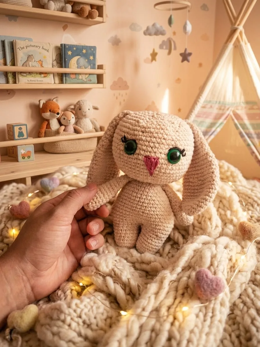 Coelhinha de crochê bege com olhos verdes num quarto infantil