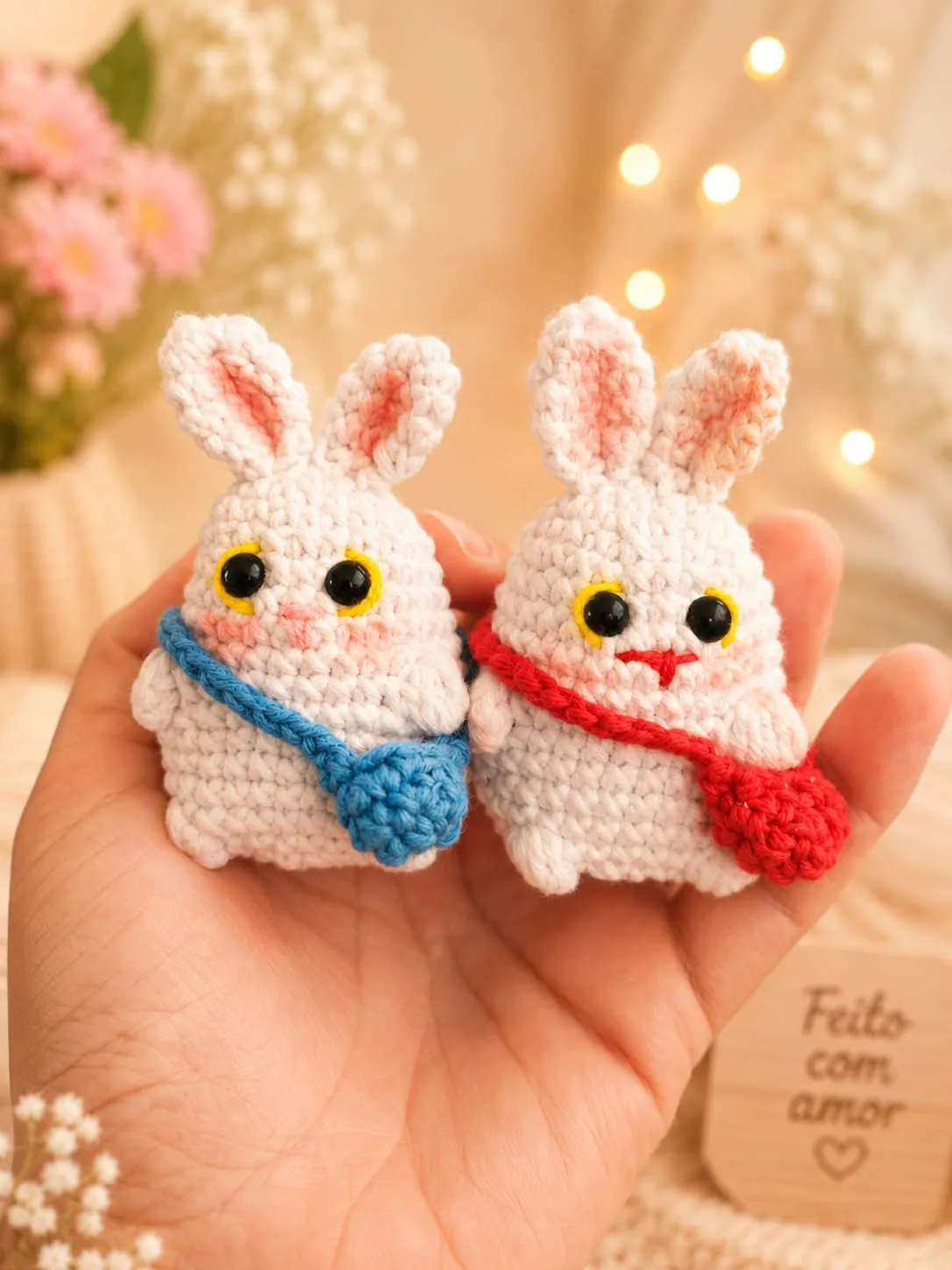 Dois coelhinhos de crochê com bolsinha azul e vermelha na palma da mão