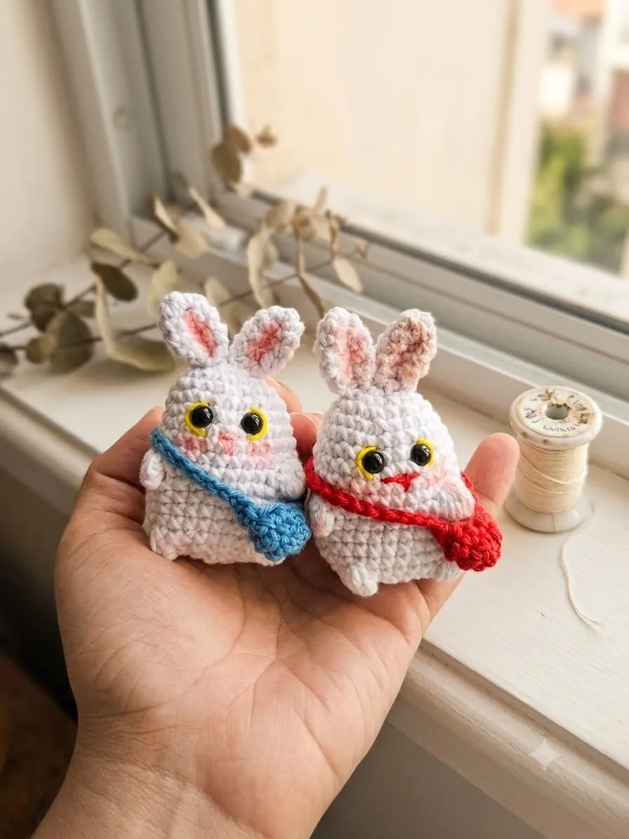 Coelhinhos de crochê na janela, com carretel de linha ao fundo